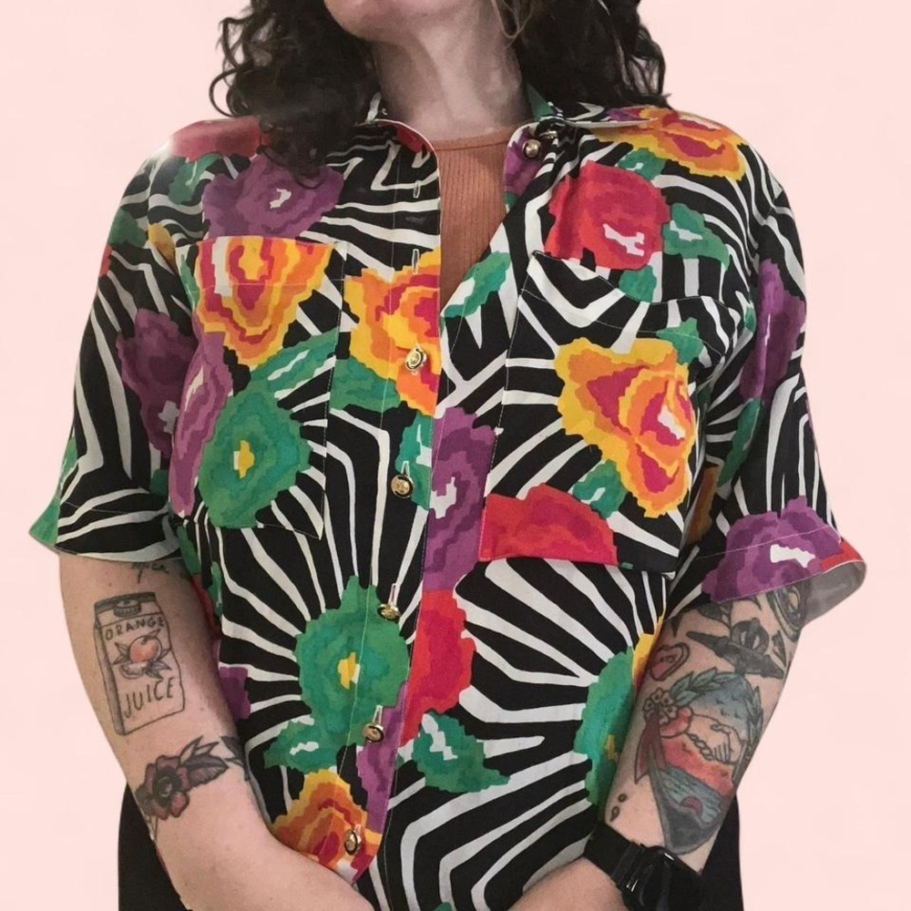 Vintage Louis feraud 80s Bold Floral Zebra Print Button Up Shirt Artsy Funky